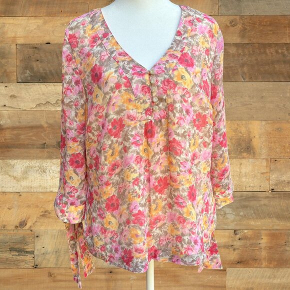 Coldwater Creek Floral Chiffon Blouse Sheer Lined V-Neck Tie Sleeve Spring Sz M - Picture 2 of 16